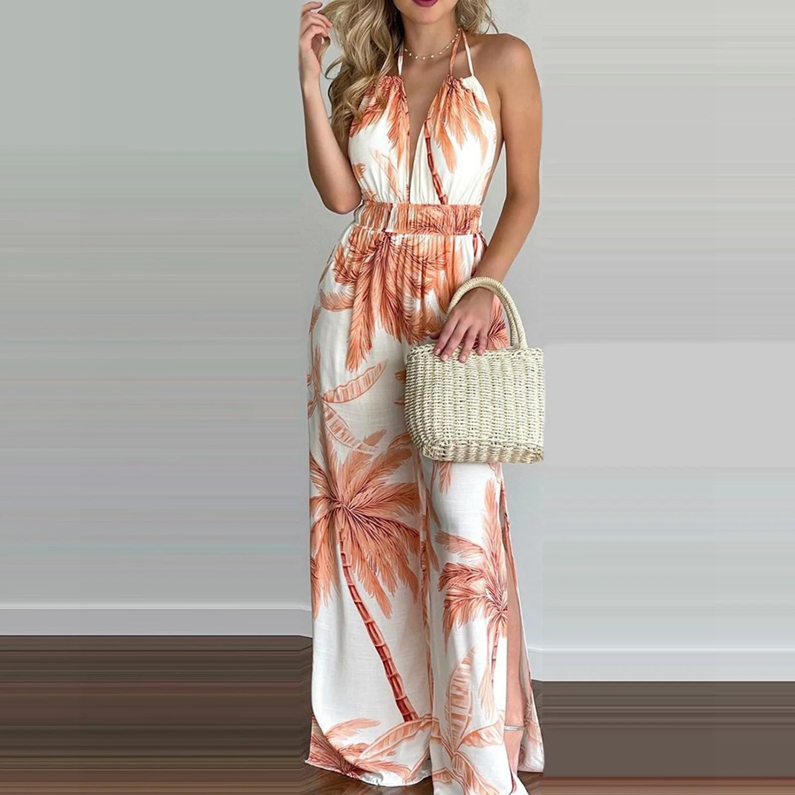 2024 new women's dress wish suspender digital print sleeveless V-neck colorful jumpsuit for women vestal