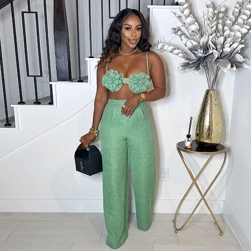 Streetwear Women's Set Sleeveless 3D Flower Crop Bra Top+Wide Leg Pants Elegant beach holiday Two 2 Piece Set Outfits somè