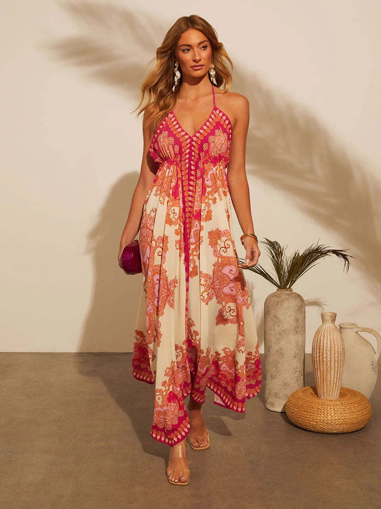 Women's Summer V-neck Halter Bohemian Floral Long Dress,Women Clothing,Red Dress,Sexy Dress Women,Sundress,Beach Dresses