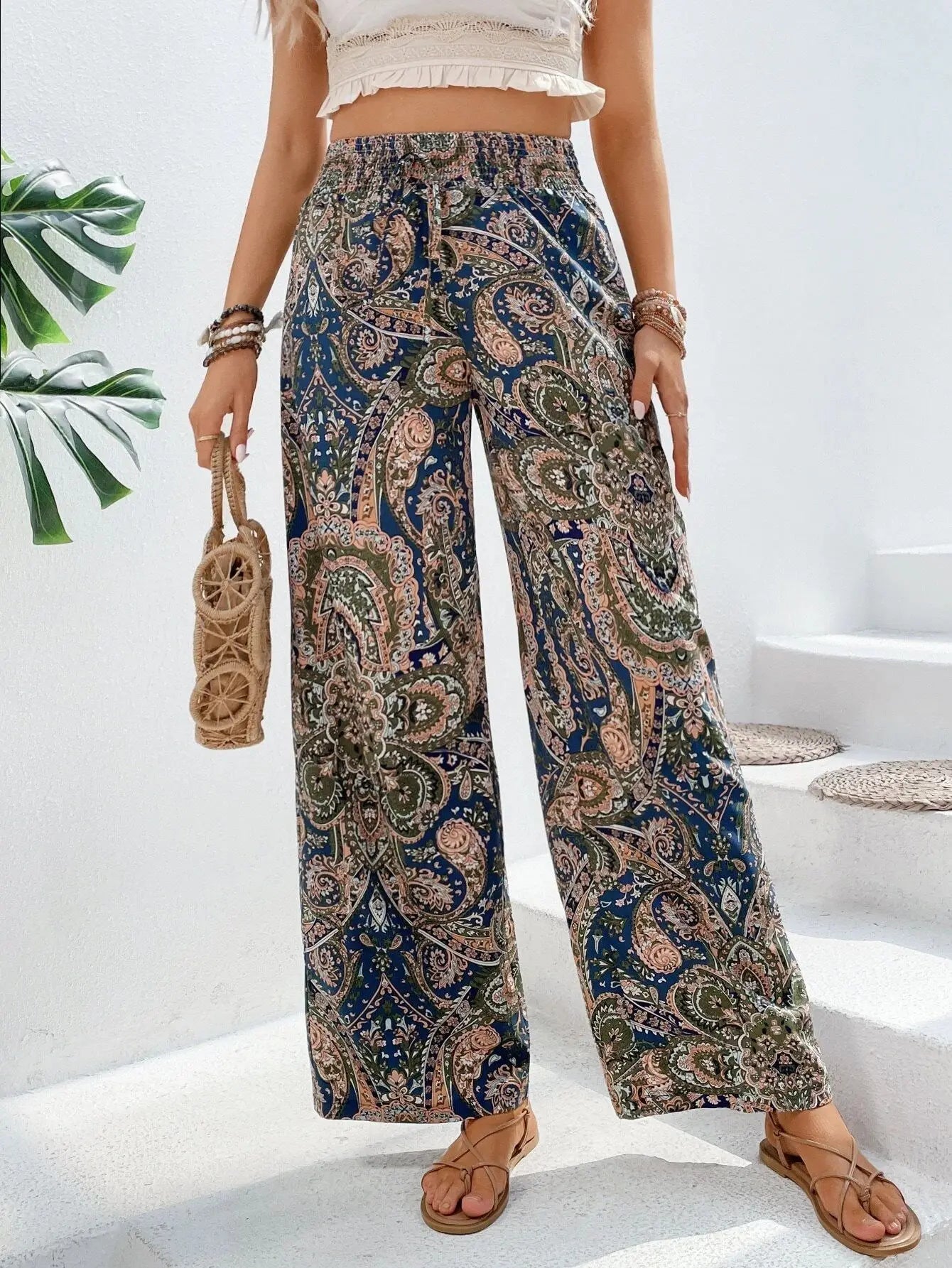Women's thigh pants flower 2024 summer new fashionable printed elastic waist wide leg pants