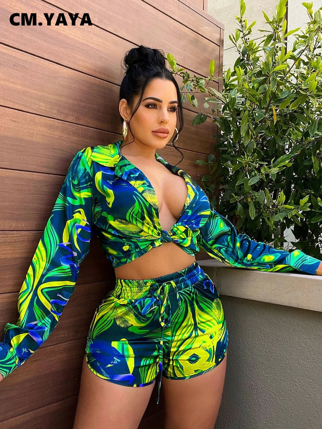 CM.YAYA Elegant Wave Striped Women's Set Long Sleeve Shirt and Shorts INS Chic Street Fashion Tracksuit Two 2 Piece Set Outfits
