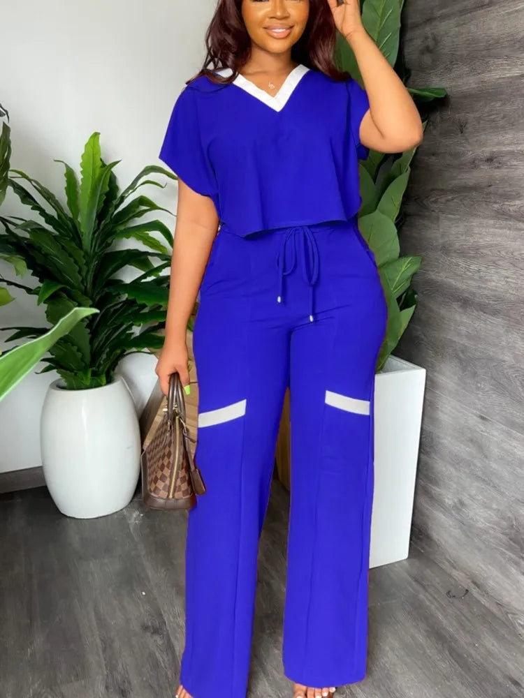 Elegant Women's Casual Short Sleeve T-shirt Sports Suit Summer Fashion Solid V Neck Short Top & Straight Pants Two Piece Sets somè
