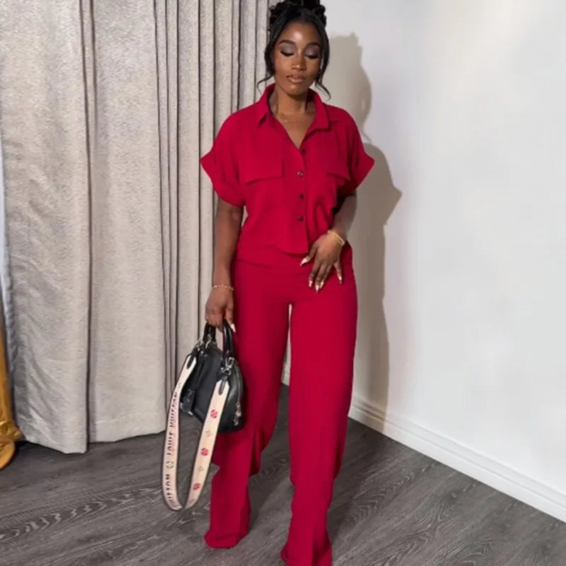 Women's Two Piece Sets Spring Summer Casual Solid Turn-down Neck Short Sleeve Loose Top & Wide Leg Pants Set  Streetwear Outfits somè