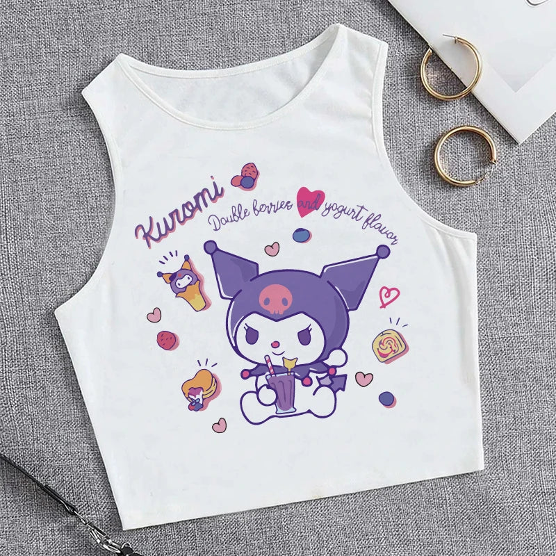 Y2K Vest Crop Top Kuromi T Shirt Cropped Sanrio Kuromi Women Manga T-shirt somè