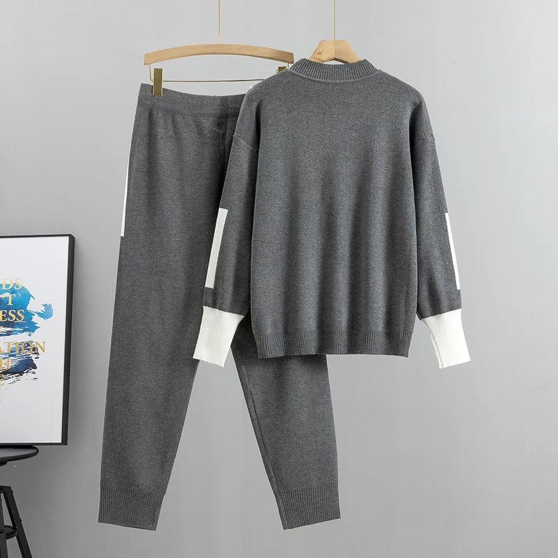 2024 Autumn Runway 2 Pieces Set Knitted Long Sleeve Pullovers Sweater Casual Patchwork Fashion Women Tops and Pants Suits Spring T18
