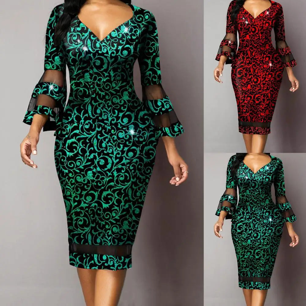 Midi Dress Beautiful Waist Tight Women Dress 3/4 Flare Sleeve Elegant Skinny Dress for Daily Wear
