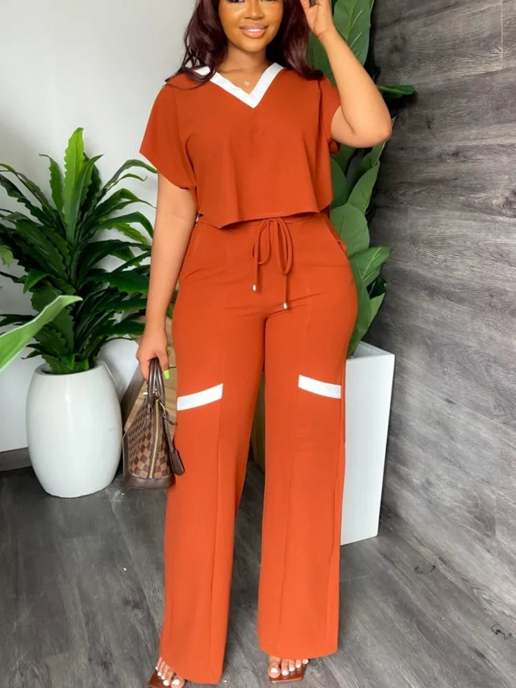 Elegant Women's Casual Short Sleeve T-shirt Sports Suit Summer Fashion Solid V Neck Short Top & Straight Pants Two Piece Sets somè