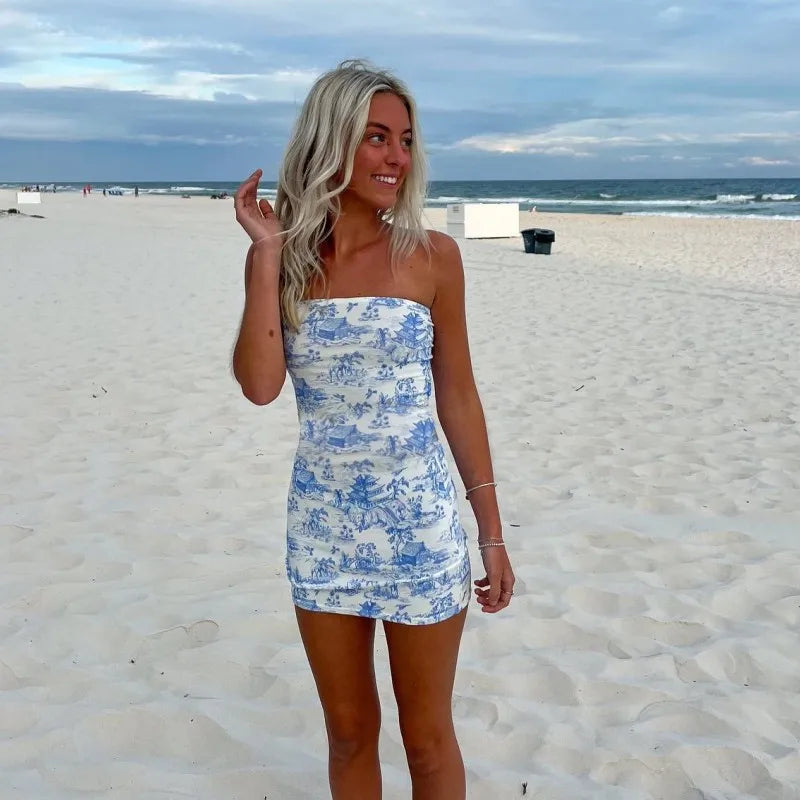new summer style sleeveless fashion printed sexy tube top slim short dress somè