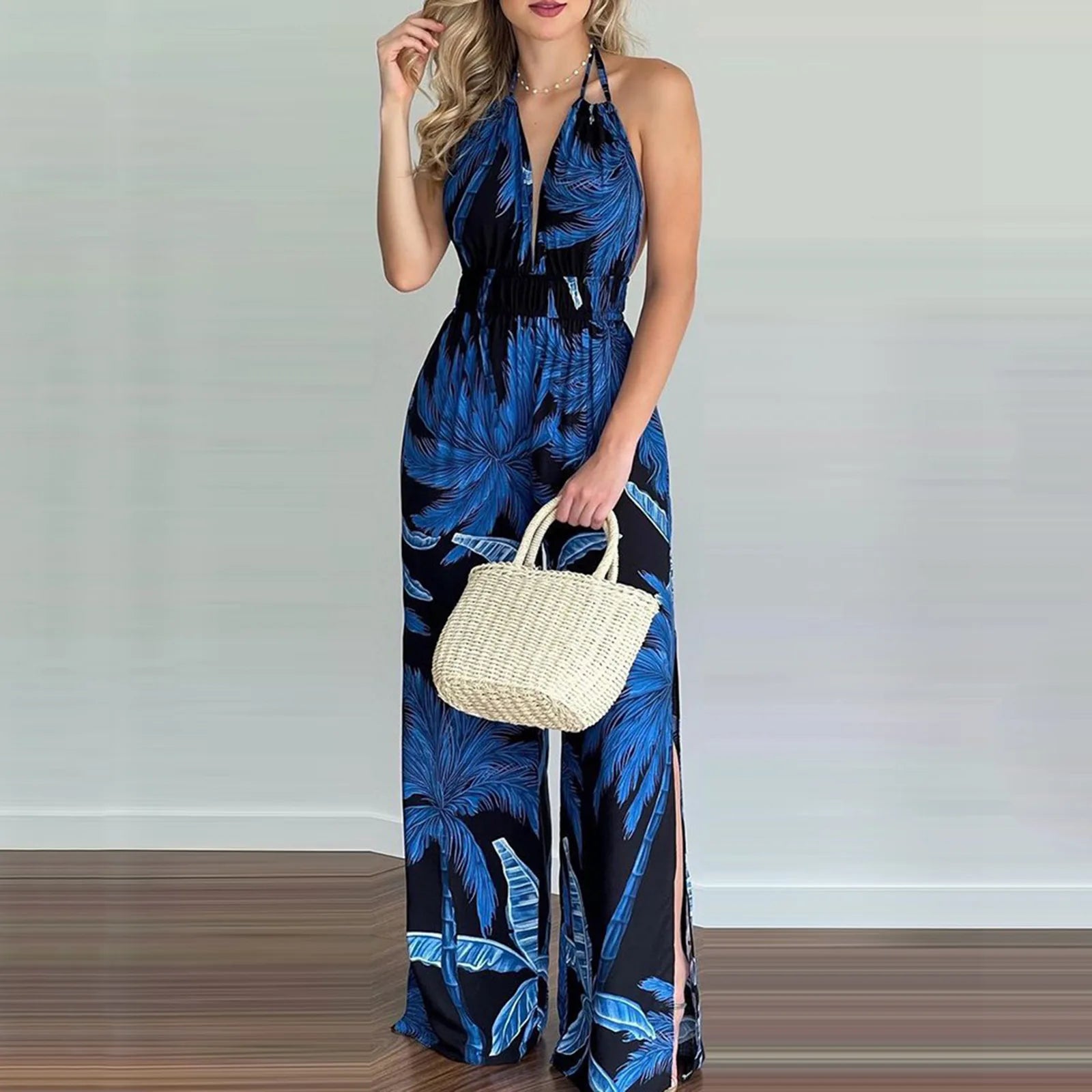2024 new women's dress wish suspender digital print sleeveless V-neck colorful jumpsuit for women vestal