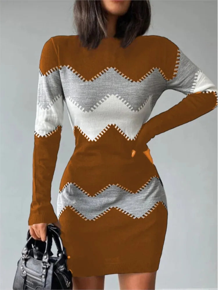 2024 Autumn Winter Women Fashion Print Slim Dress Female Long-sleeve O-neck Elegant Bodycon Package Hips Mini Dresses 4 kanpe