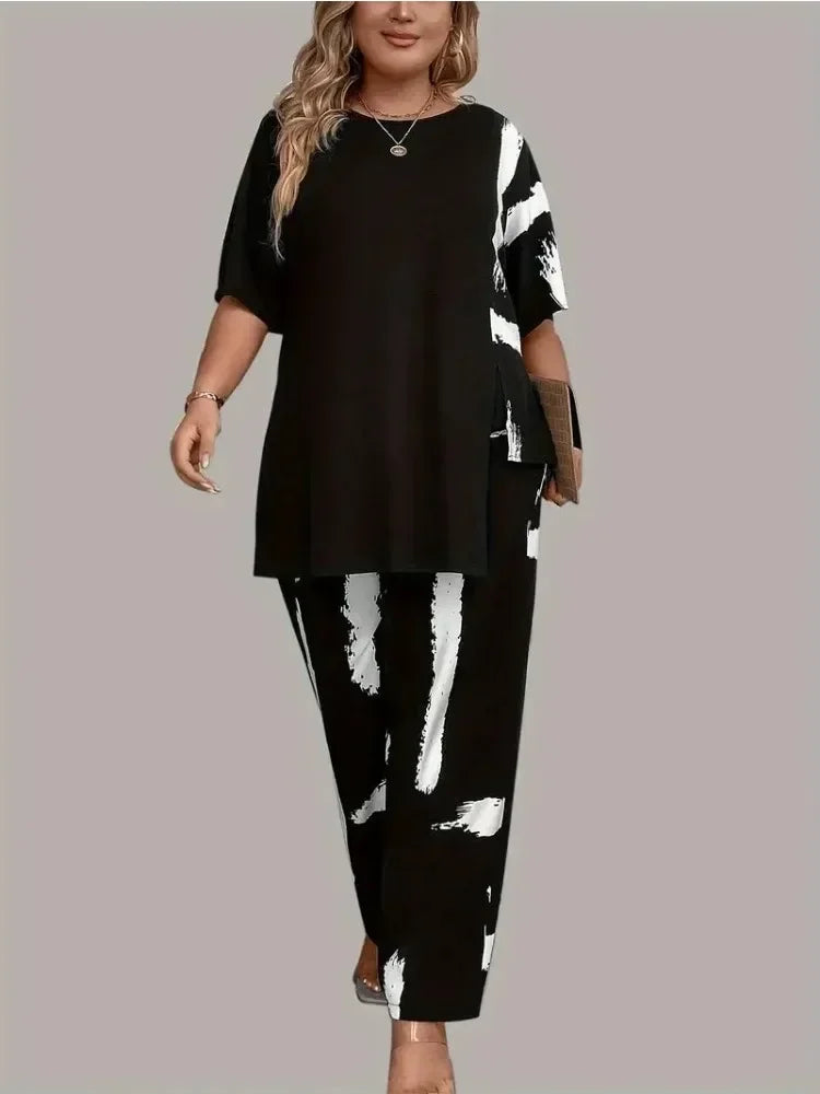Plus Size Women’s Brush Print Elegance Short Sleeve Split Top & Matching Pants 2 Piece Round Neck Outfit Set somè