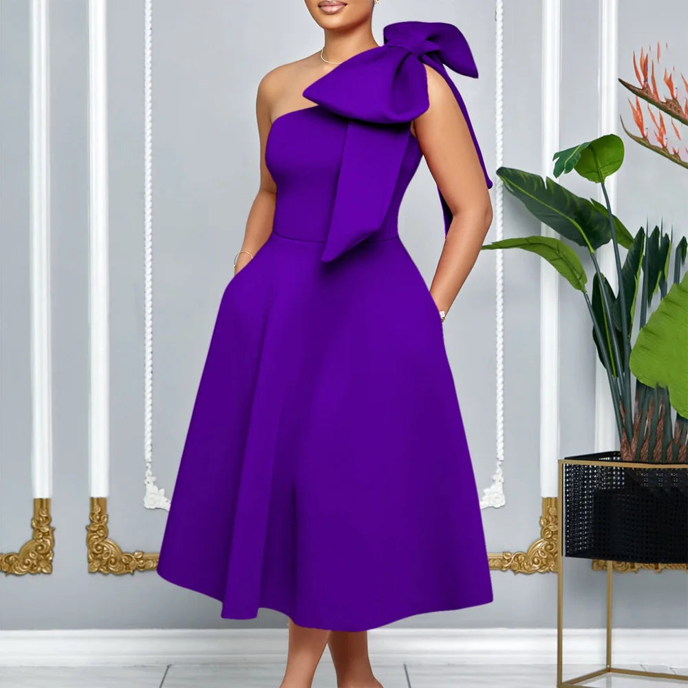 Dresses for Women One Shoulder Bow Decorate High Waisted Pleated Mid Calf Luxury Birthday Party Dinner Vestidos Mujer Dress klt
