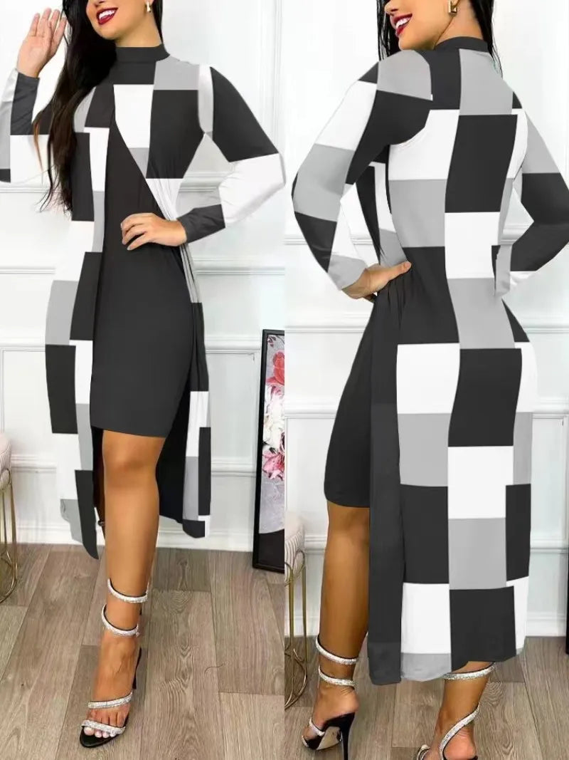 Two Piece Set Women Print Dresses Sets Full Sleeve Half High Collar Split Cardigan Dress Suits Elegant A Line Office Lady wowo