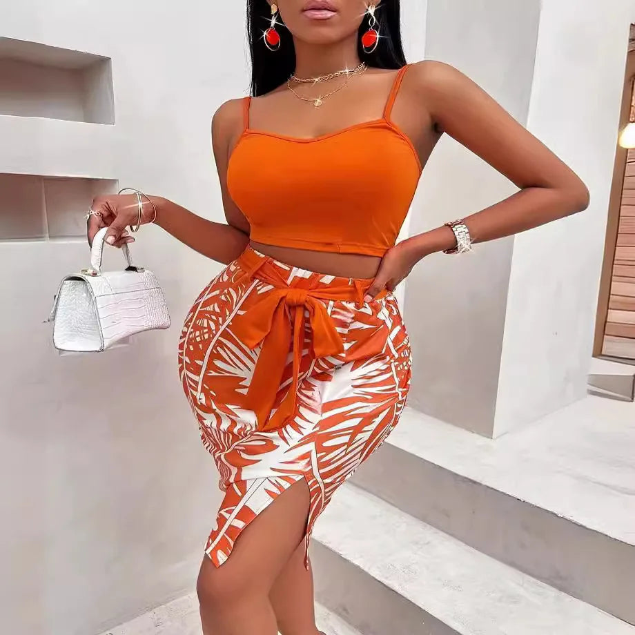 Spring and Summer Print Two Piece Sets Womens Outifits Stylish Halter Crop Short Tops and High Waist Skirt Sets Party Outfits somè