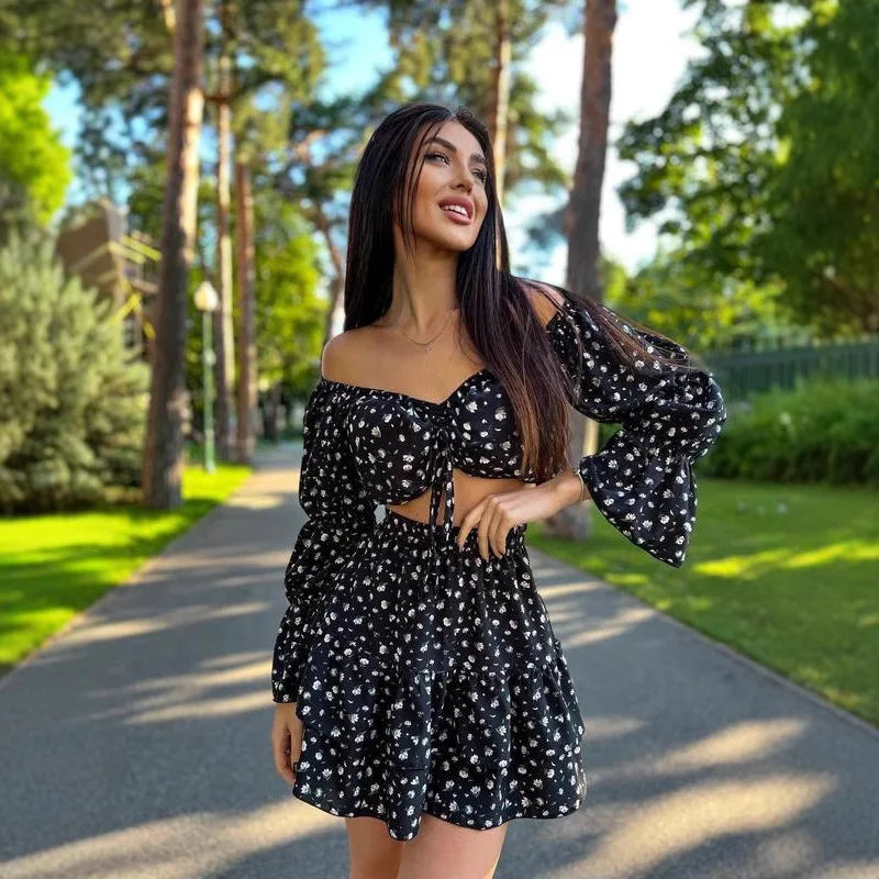 2025 Summer Beauty Dress Sexy Exposed Shoulder Short Top Printed Floral Short Skirt Suit