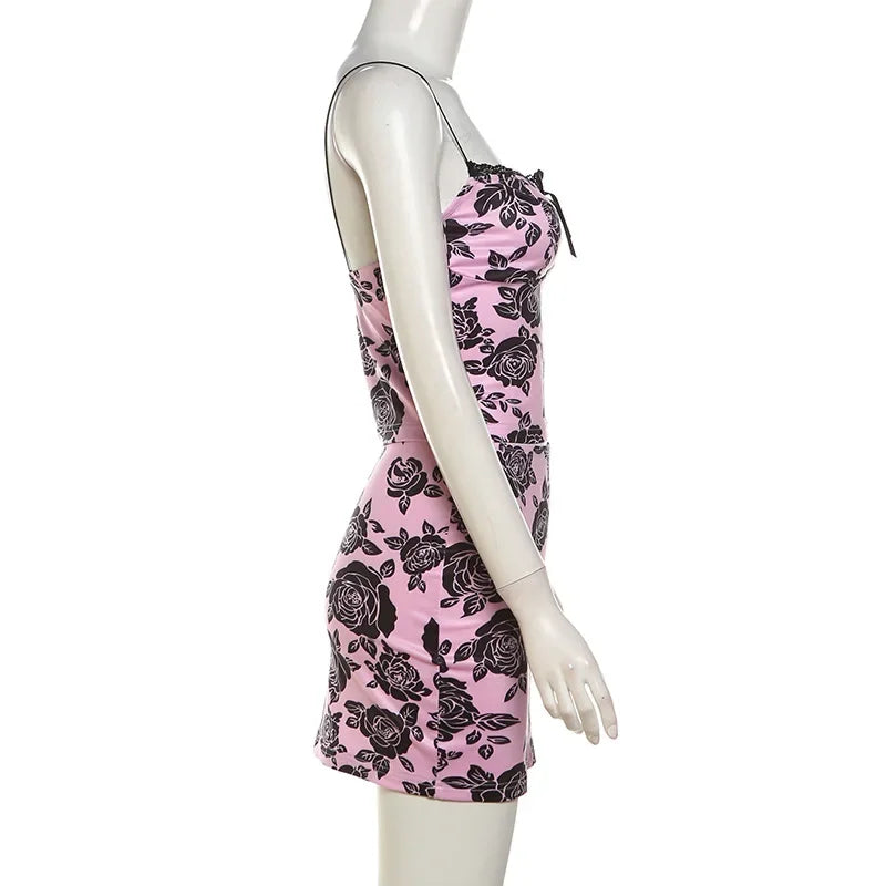 Floral Print Summer Bodycon Y2K Dress Suit Women Sleeveless Backless Crop Top Camis Mini Skirt Two Piece Matching Set Outfits somè