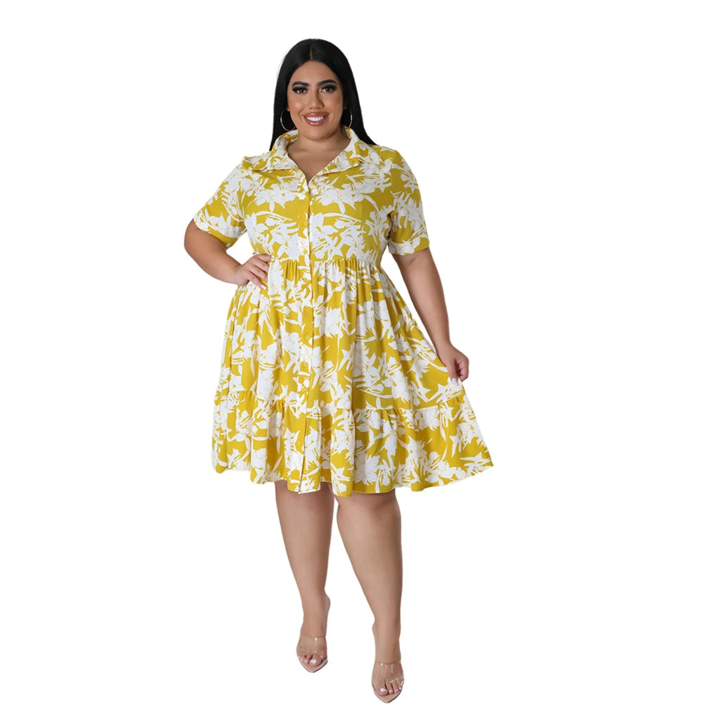 Plus Size Midi Dress Women Floral Print  Female A Line Elegant  Spring Summer Short sleeve Dress Casual Party Dresses