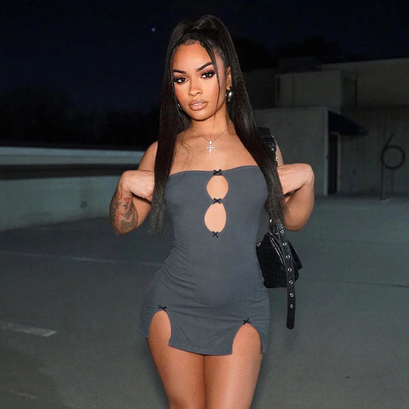 Y2K Sexy Mini Dress Women Summer Hottie Hollow Out Strapless Solid Color Pullover Dresses Streetwear  Women Clothes somè