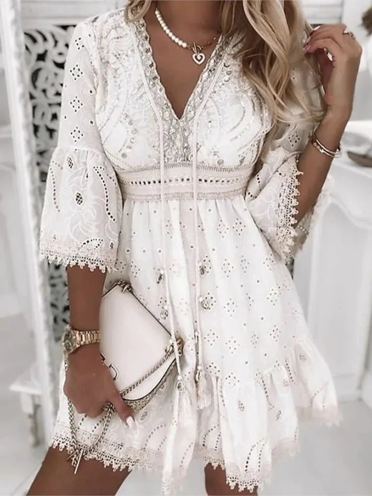 Elegant Women White Hollow Lace Mini Dress Summer V-neck Patchwork Lace Up Three Quarter Sleeve Ladies Vacation Beach Dresses somè