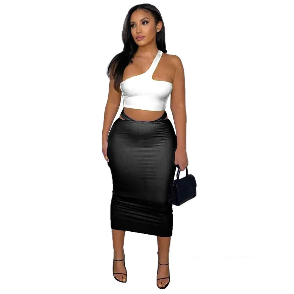 Women Two 2 Piece Set Outfits 2022 Summer One Shoulder Crop Top and Midi Skirt Chic Matching Outfit somè