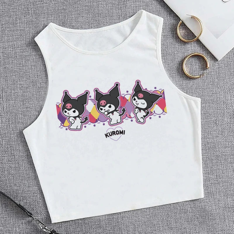 Y2K Vest Crop Top Kuromi T Shirt Cropped Sanrio Kuromi Women Manga T-shirt somè