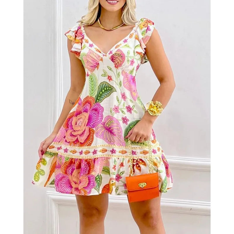 2025 New Spring Summer New Women's Sexy Sleeveless Wide Camisole V-neck Backless Print Dress