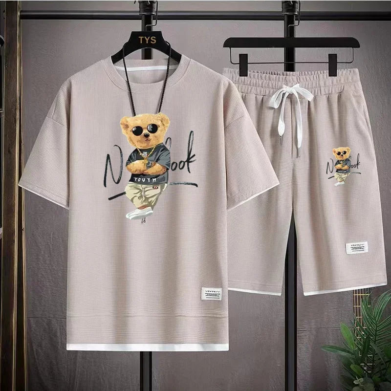 2025 Summer men's sportswear set Japanese fashion Harajuku Sportswear men's casual short-sleeved T-shirt + shorts 2-piece set somè