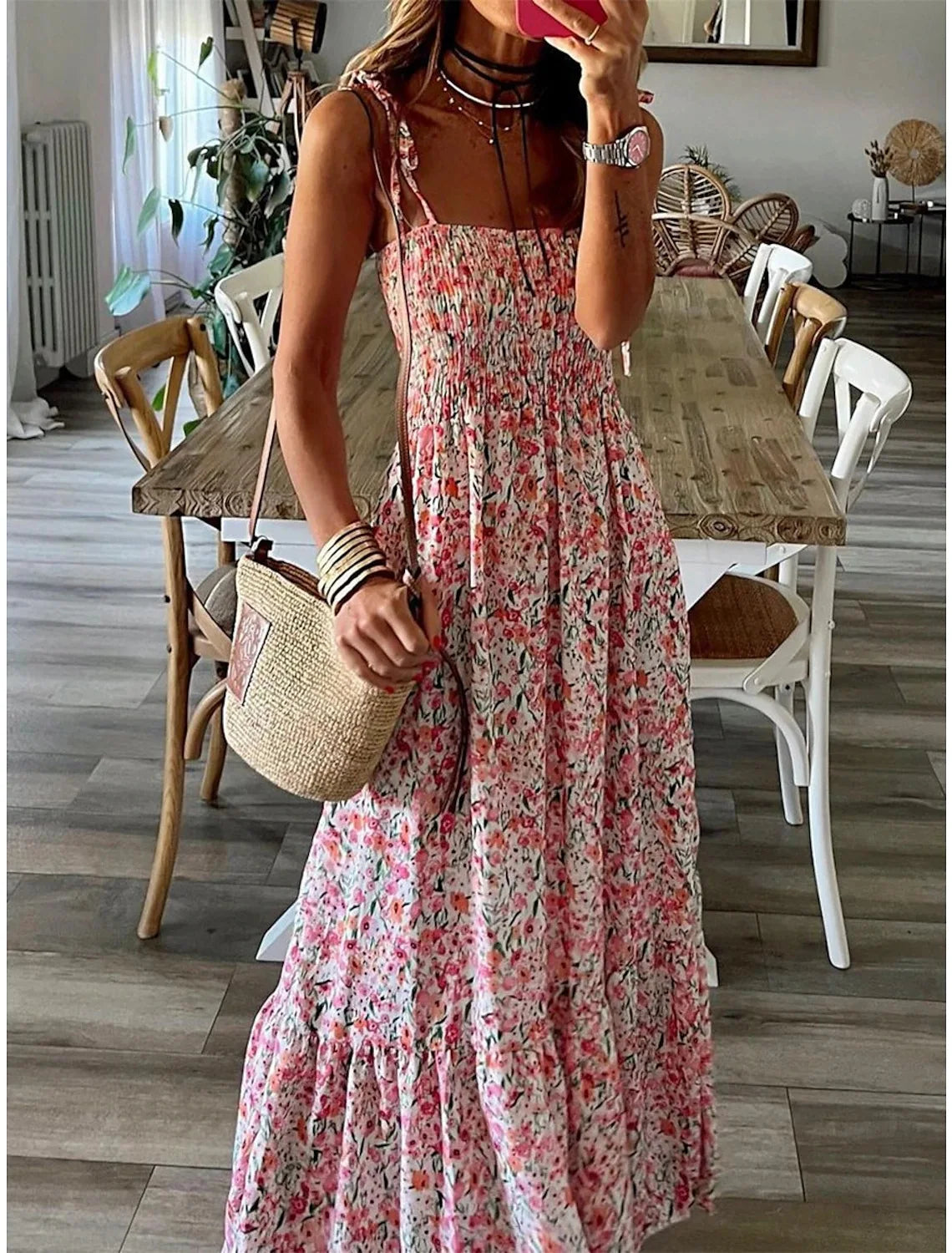 Summer Fashion Sling Maxi Dress Loose Elegant Ruffle A-Line Dress Casual  Floral Printed Women Backless Beach Dresses Midi Dress somè