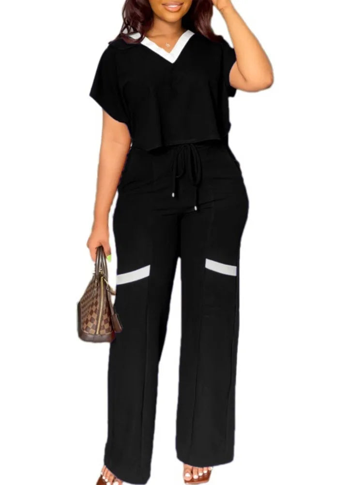 Elegant Women's Casual Short Sleeve T-shirt Sports Suit Summer Fashion Solid V Neck Short Top & Straight Pants Two Piece Sets somè