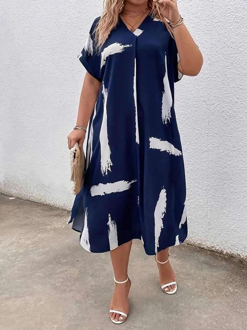 Plus Size Summer V-Neck Midi Dress Women Striped Graffiti Print Fashion Ladies Dresses Casual Loose Pleated Woman Dress somè