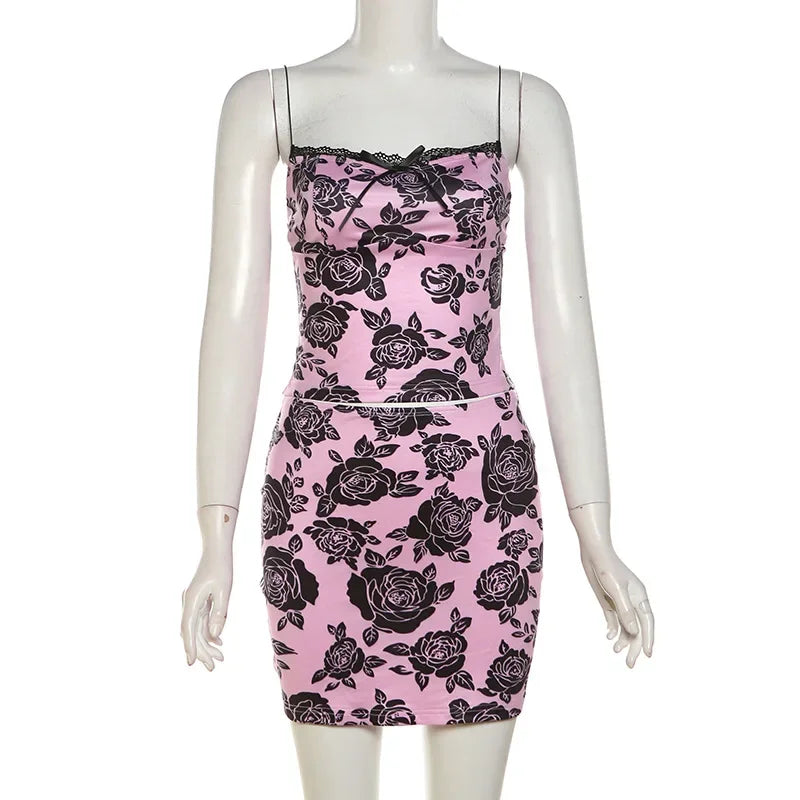Floral Print Summer Bodycon Y2K Dress Suit Women Sleeveless Backless Crop Top Camis Mini Skirt Two Piece Matching Set Outfits somè