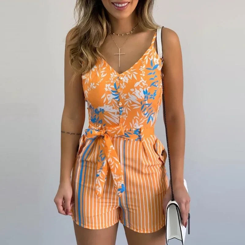 202& Summer New Women's V-neck Strap Fashion Leaf Print Stripe Strap Shorts Suit Female Jumpsuit Set