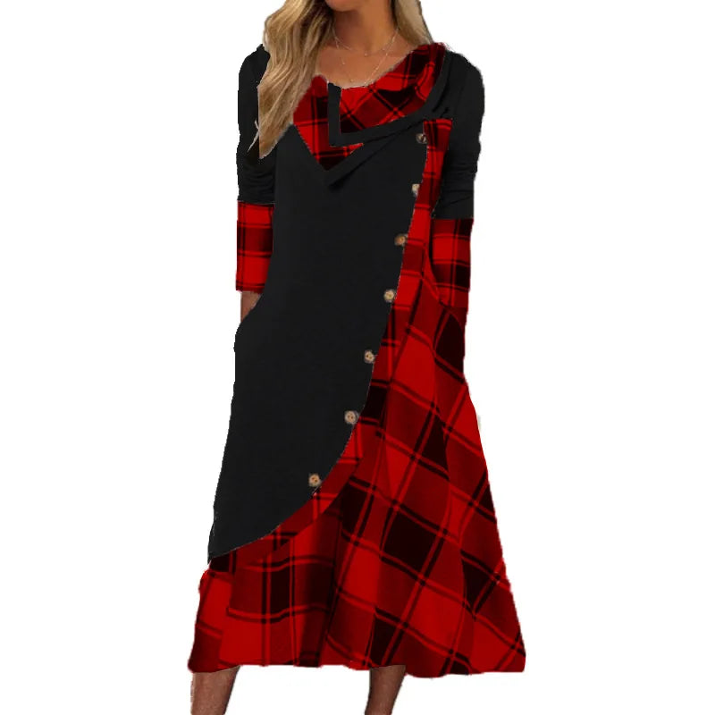 2024 Europe and the United States autumn new women's plaid patchwork button pocket pile pile collar long-sleeved dress women