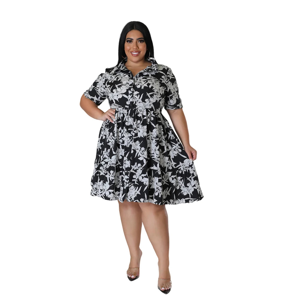 Plus Size Midi Dress Women Floral Print  Female A Line Elegant  Spring Summer Short sleeve Dress Casual Party Dresses