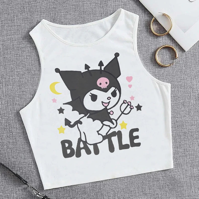 Y2K Vest Crop Top Kuromi T Shirt Cropped Sanrio Kuromi Women Manga T-shirt somè