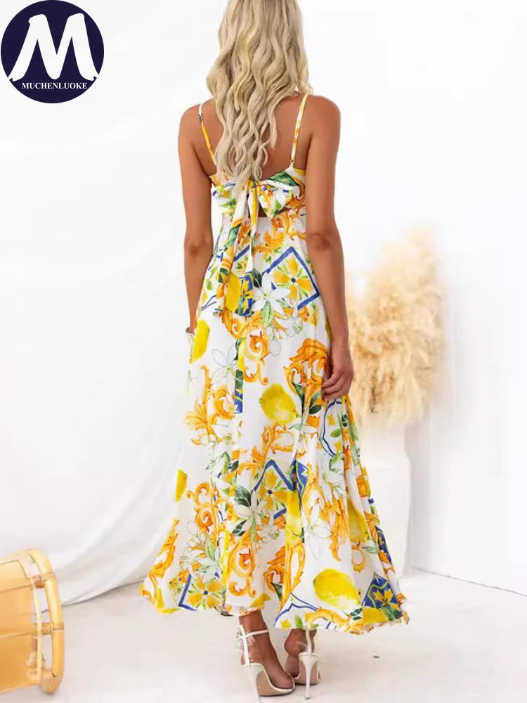 Women's Elegant Sleeveless Sling Dress, Loose High Waisted Long Dresses, Casual Printing, Summer Fashion, somè