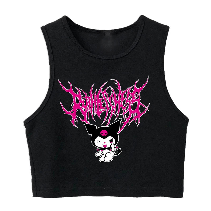 Y2K Vest Crop Top Kuromi T Shirt Cropped Sanrio Kuromi Women Manga T-shirt somè