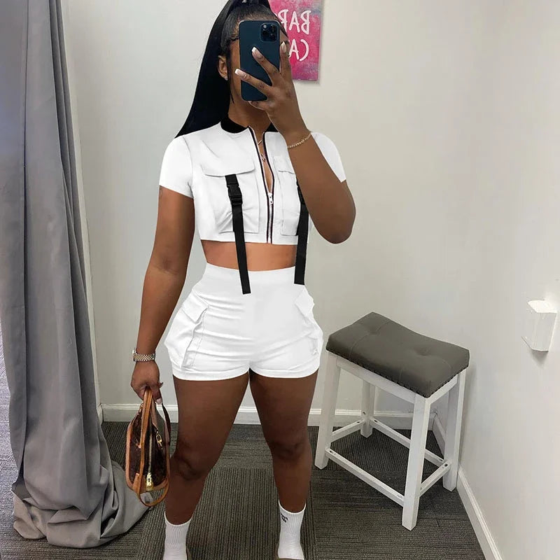 Sportwear Pockets Short Sets Womens 2 Piece Outfit Workout Fitness Zipper Crop Top and Shorts somè