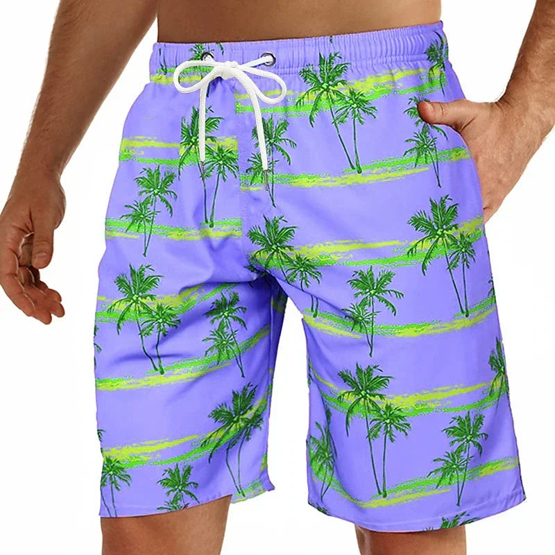 202& Summer Oversized Casual Men's Drawstring Shorts Quick Dry Hawaii Holiday Sports Swimming Trunks Coconut Tree Printed Shorts