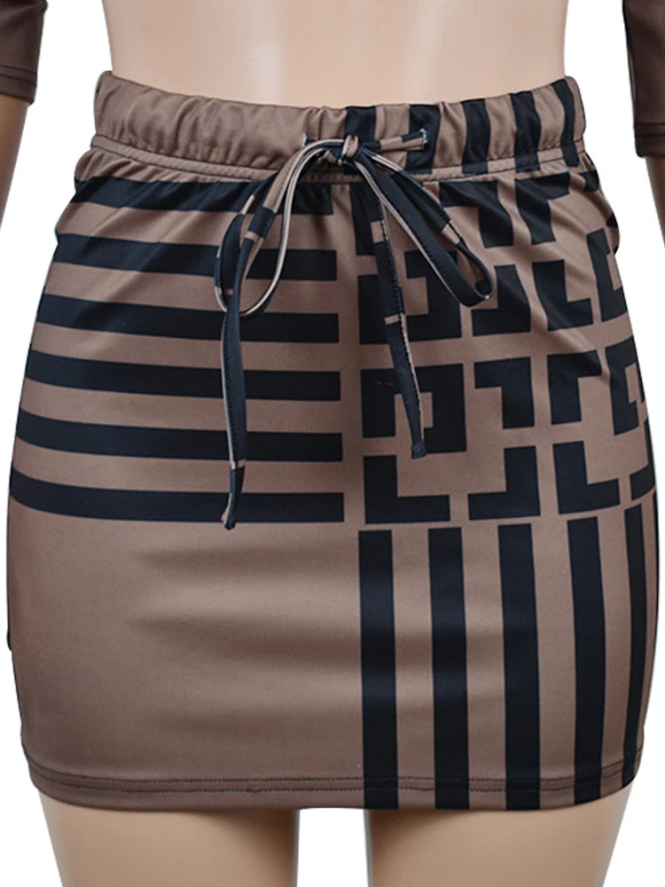 Two Piece Sexy Women's Printed Dress, Summer Long Sleeved Slim Fit One Line Collar, Elegant Party Club Party Mini Skirt Y2k Set