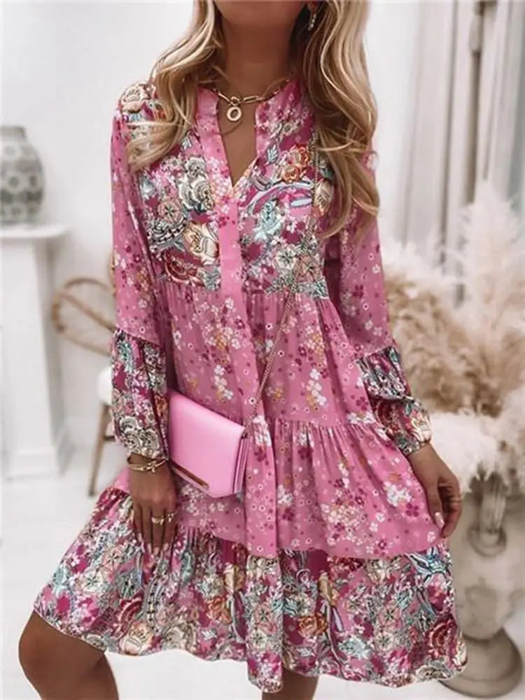 Casual Floral Print Dresses For Women  Sping Summer Boho V Neck Loose A Line Dress Elegant Beach Party Dress Robe Femme somè