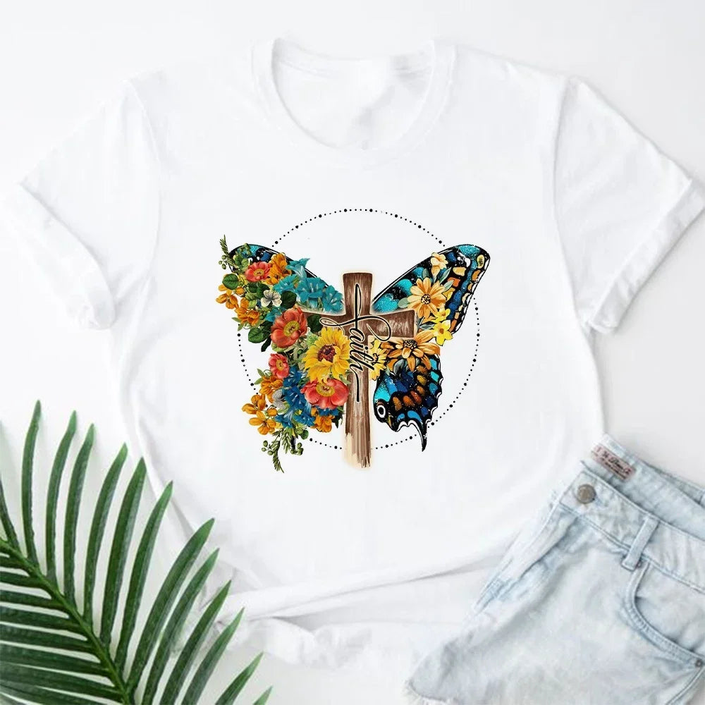 202& Jesus Is King Letter Print Women T-shirt Christian Faith Hope Love Harajuku T Shirts Religion O-neck Tops Tees Streetwears