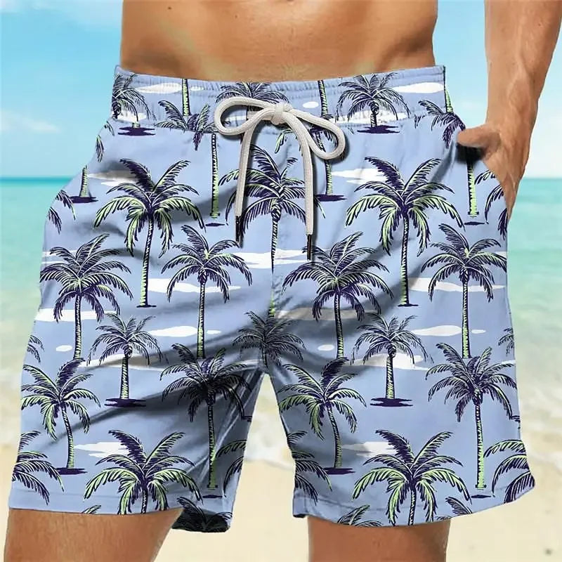 202& Summer Oversized Casual Men's Drawstring Shorts Quick Dry Hawaii Holiday Sports Swimming Trunks Coconut Tree Printed Shorts
