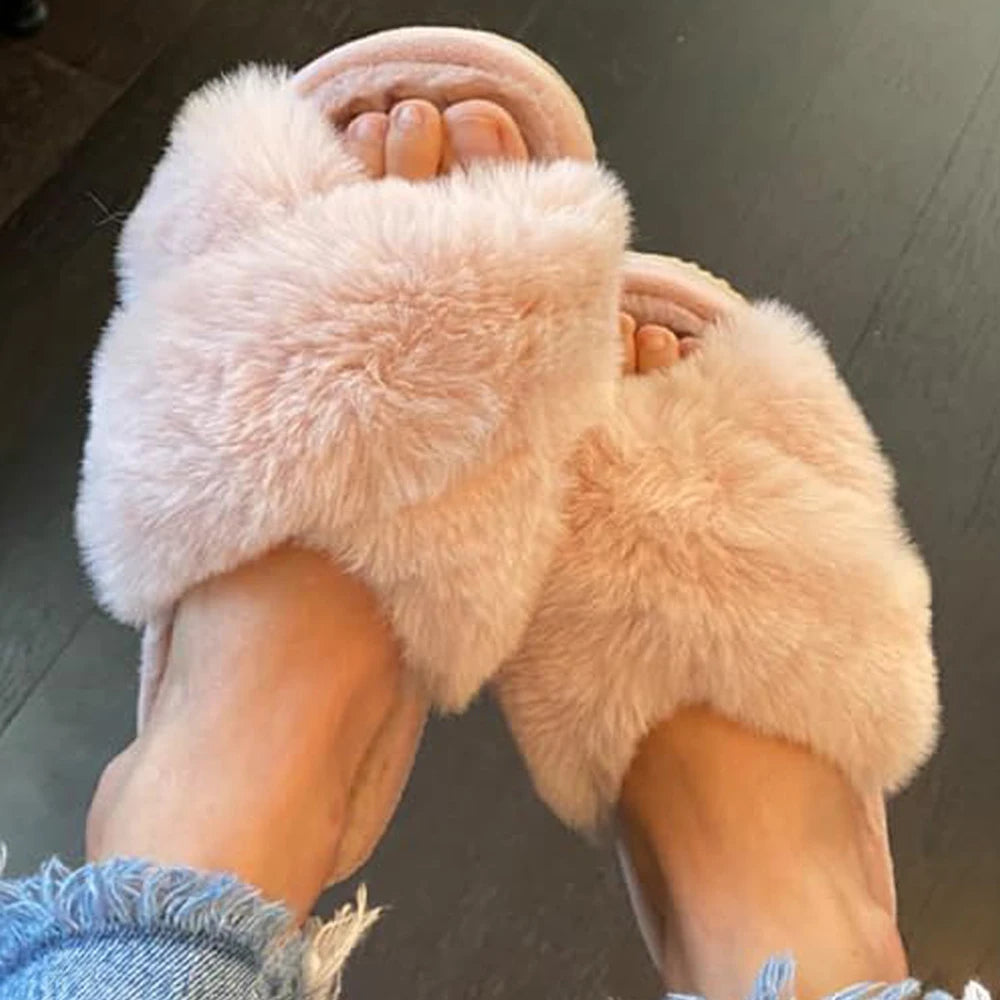 Goosecret  Women's Cross Band Fuzzy Slippers Fluffy Open Toe House Slippers Cozy Fur Flat Slides Thick Sole Plush Bedroom  djam