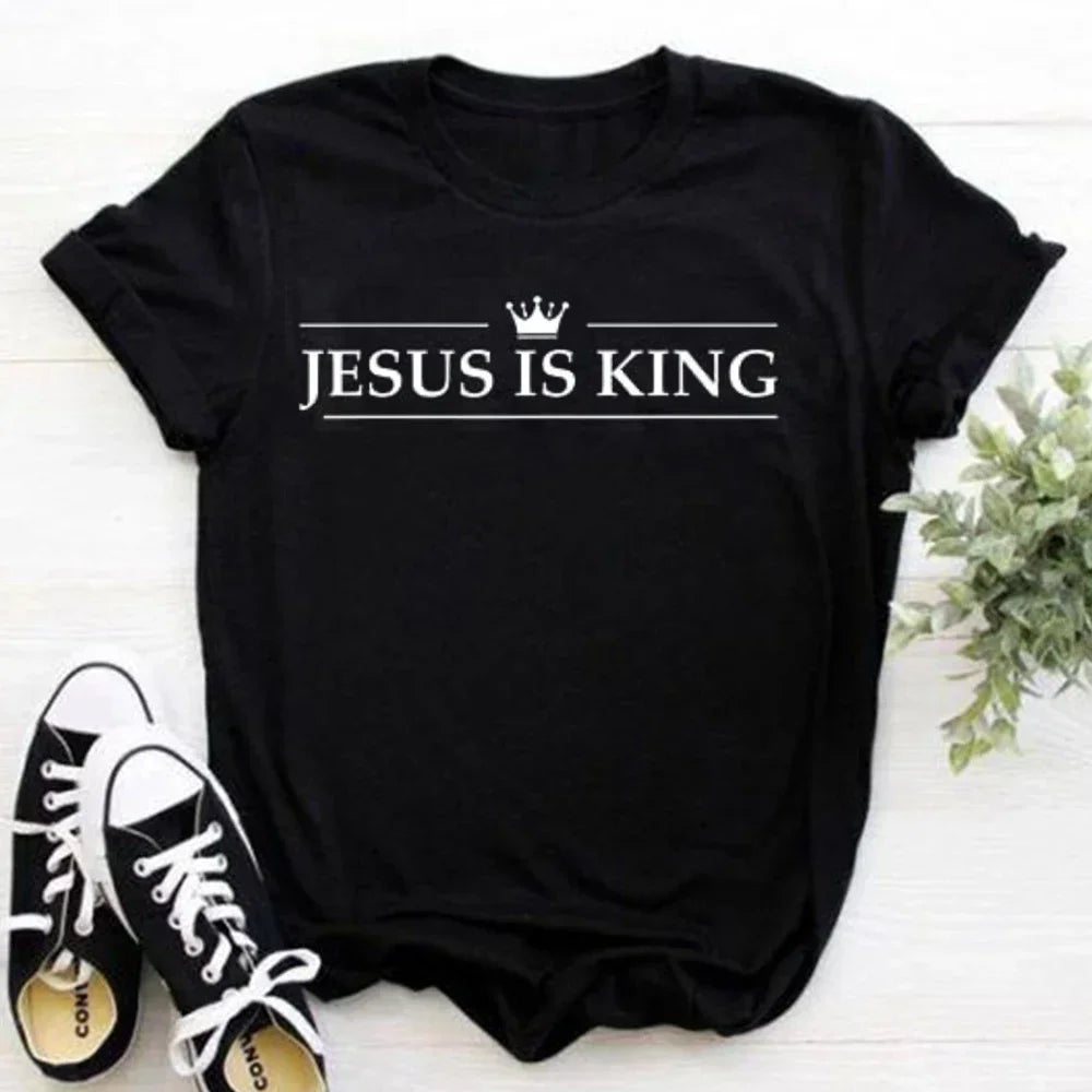 202& Jesus Is King Letter Print Women T-shirt Christian Faith Hope Love Harajuku T Shirts Religion O-neck Tops Tees Streetwears
