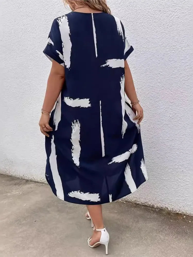 Plus Size Summer V-Neck Midi Dress Women Striped Graffiti Print Fashion Ladies Dresses Casual Loose Pleated Woman Dress somè