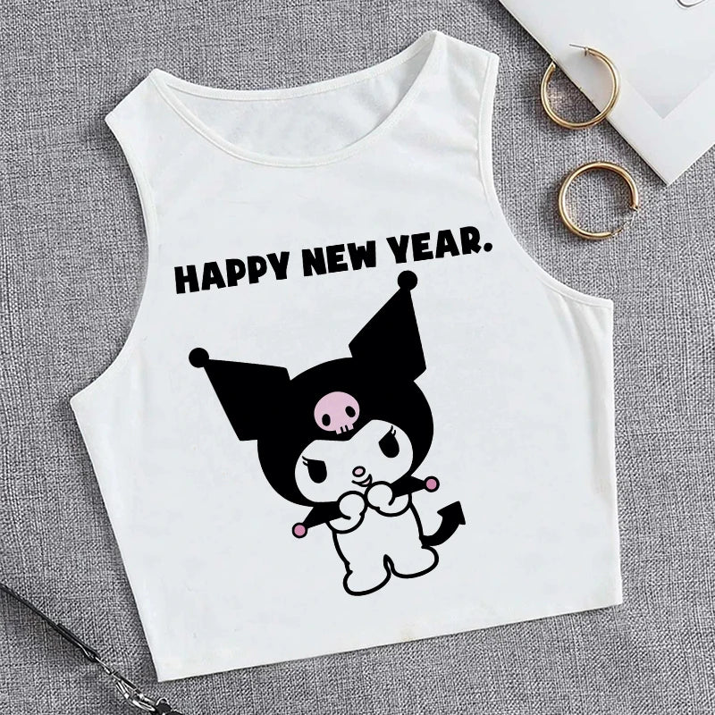Y2K Vest Crop Top Kuromi T Shirt Cropped Sanrio Kuromi Women Manga T-shirt somè
