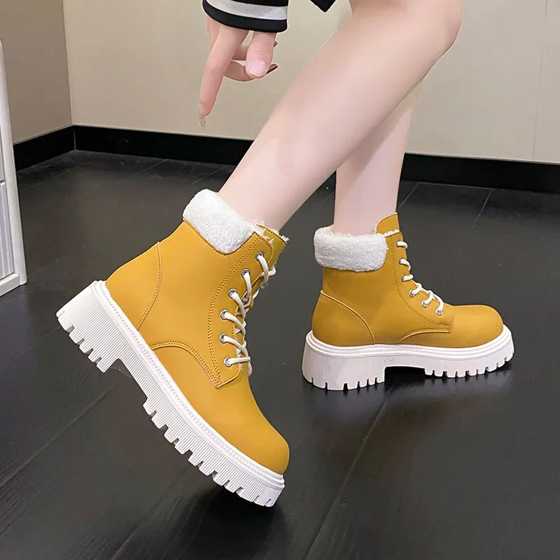 Ankle Boots for Women Lace-Up Waterproof Non-Slip Snow Boots Woman Pu Leather Warm kodez