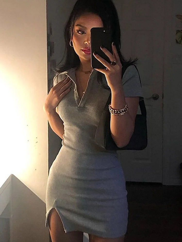 Short Sleeve Slit Mini Dress Summer Women Fashion Streetwear Outfits Cute Solid Party Clothing lè