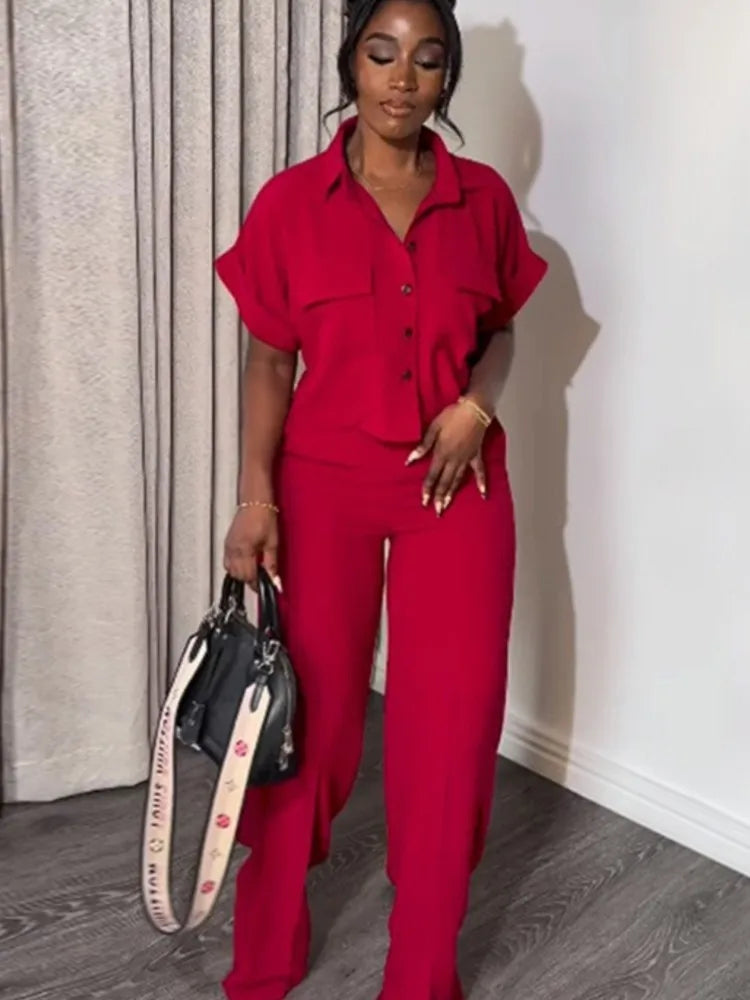 Women's Two Piece Sets Spring Summer Casual Solid Turn-down Neck Short Sleeve Loose Top & Wide Leg Pants Set  Streetwear Outfits somè